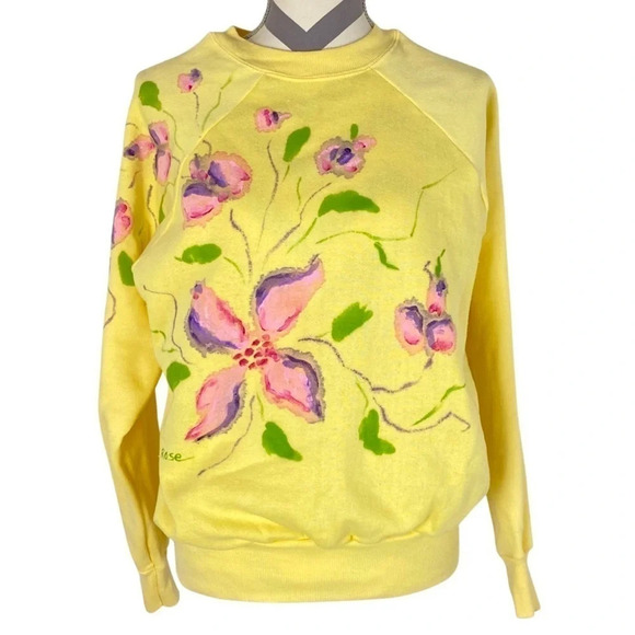 Vintage 70s Sweatshirt Womens Size Small Medium Pullover Floral 80s Handmade - Picture 2 of 10